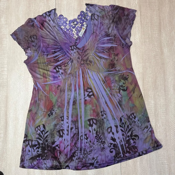 Unity World Wear Tops - Unity World Wear Purple Floral Lace Rhinestone Fairycore Tunic Top XL
